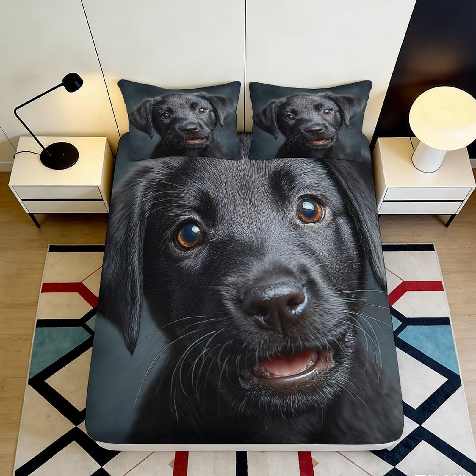 3D Printed Black Labrador Fitted Sheet Microfiber Soft Anti-Slip Dog Face Bed Cover for Bedroom Dorm Mattress Decor 90x200x25cm