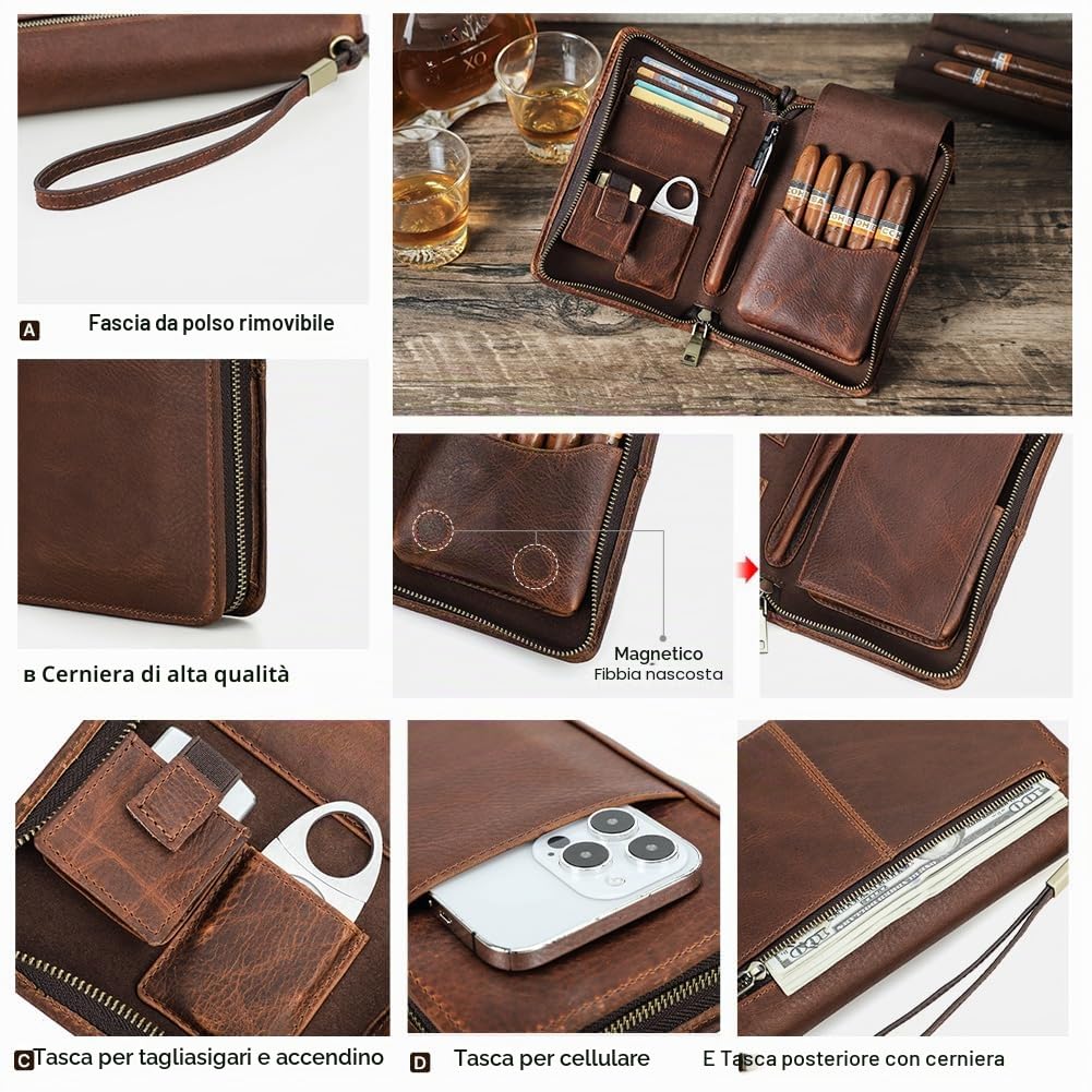 Hiram Custodia da viaggio per sigari, in vera pelle, per 5 sigari, portatile, con tasca per accendino, multifunzione, con scomparto per carte, tasca per cellulare (marrone)