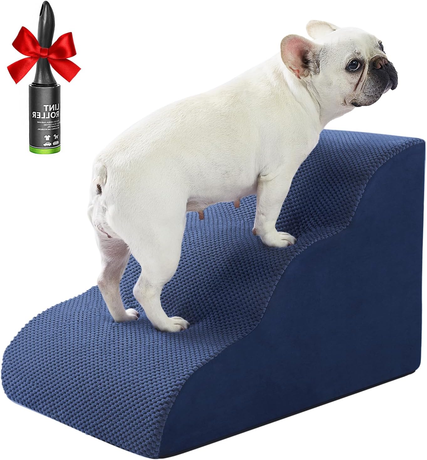 Dog Stairs Ramps for Small Medium Dogs to Beds and Couches Up to 18'', Dog Steps with Sturdy High-Density Foam, Pet Stairs with Non-Slip Bottom for Puppy and Cats, Gift Hair Remover Roller, Navy Blue Navy Dog Stairs 3 Step (H15.7'') Dog Ramp