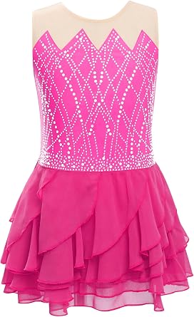 Agoky Kids Girls Sparkly Figure Skating Dress Sleeveless Ruffle Tiered Skirt Shiny Ice Skating Dress Dancewear