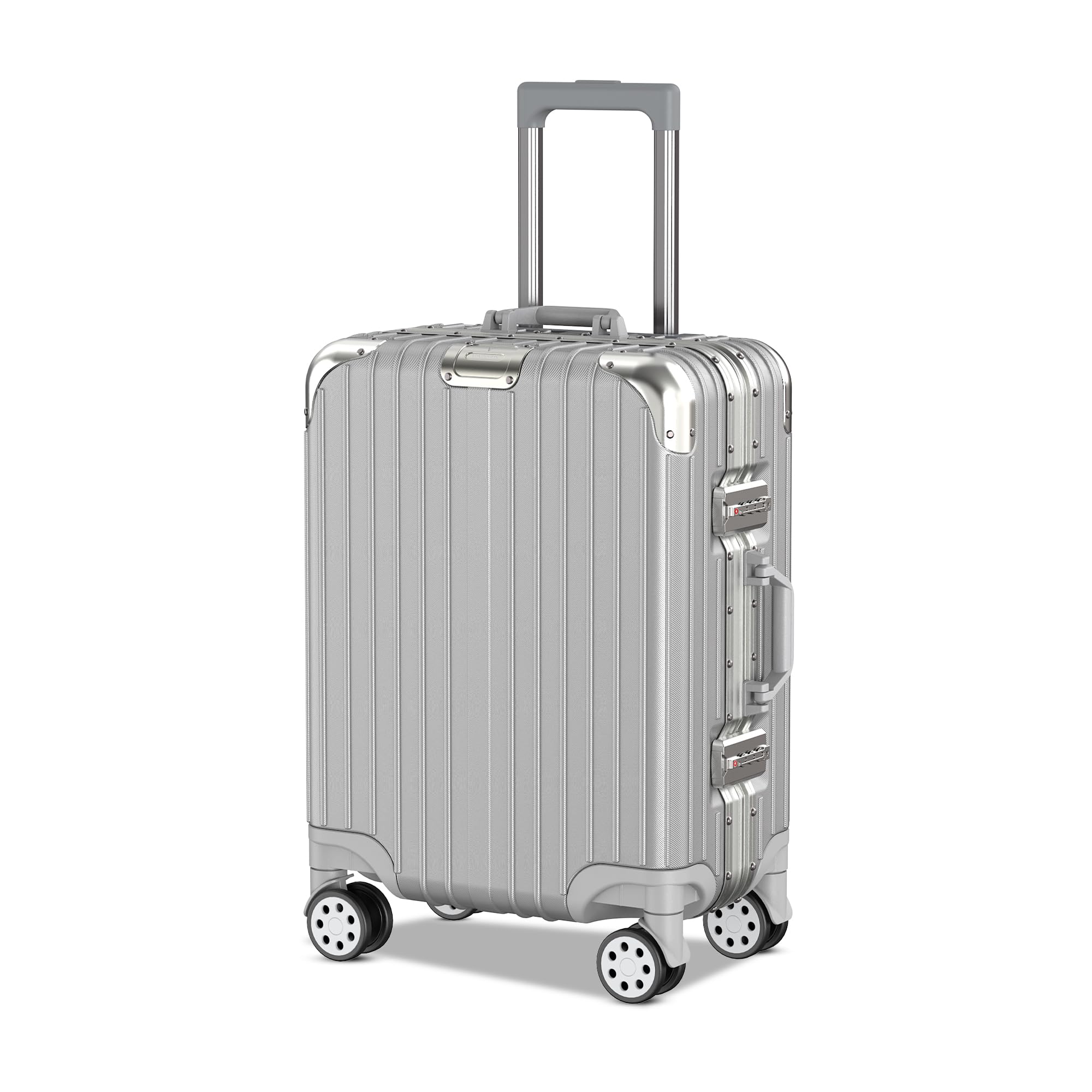 Voyagoux Walizka Kabinowa – 42L, 54x38,5x24 cm, Mała Walizka, Zamek TSA, Aluminiowa Walizka Podróżna na Kółkach, 4x Kółka Air Wheel, Wytrzymała i Lekka, Srebrna