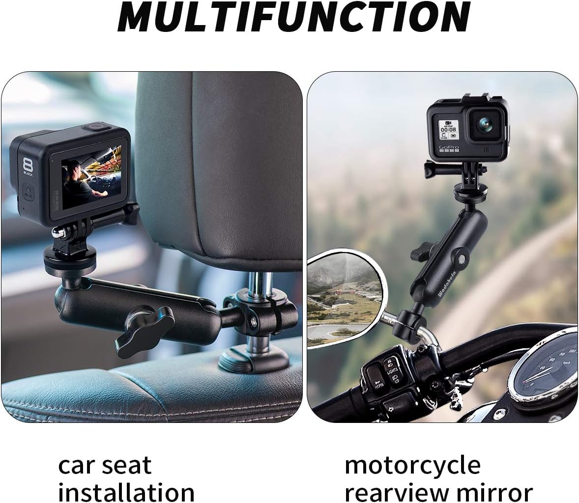 360° Rotating Sports Camera Bracket, Motorcycle Rearview Mirror, car seat mounting Bracket, Used for Go Pro Hero5/6/7/8/9 + Sports Camera Accessories.
