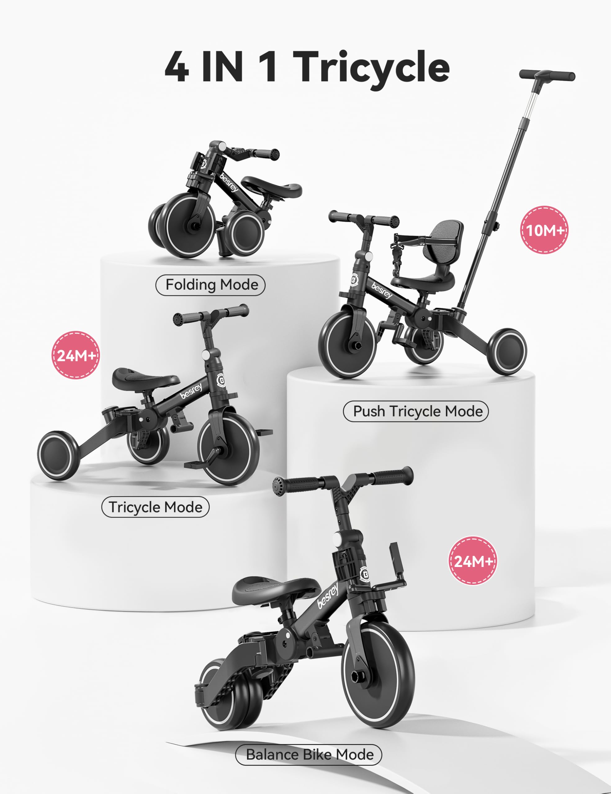 besrey Triciclo per Bambini 4 in 1, Bici Senza Pedali da 1 a 3 Anni, Nero