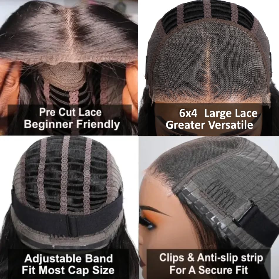 Miniatura 5 de RONTAYA Wear and Go - Pelucas de encaje frontal de 6 x 4 sin pegamento, peluca de cabello humano lacio con encaje HD prearrancado, densidad del 180%