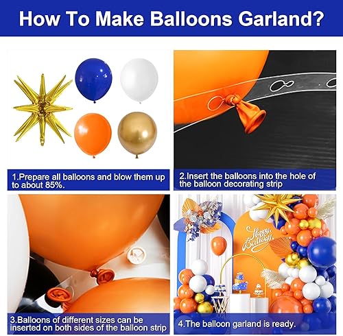 Miniatura 3 de Kit de arco de guirnalda de globos azules y naranjas, naranja, azul marino, blanco, dorado metálico, decoraciones con globos de papel de aluminio de