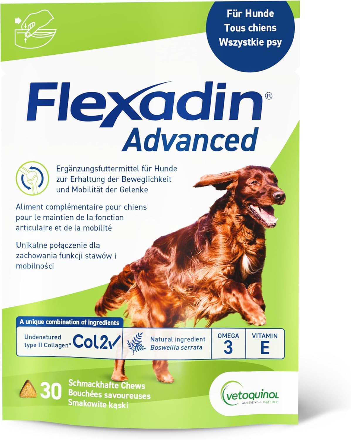 FLEXADIN Advanced® Hund |Innovativer Ansatz für die Gelenkgesundheit | undenaturiertes Kollagen Typ II – 30 Gelenkleckerli