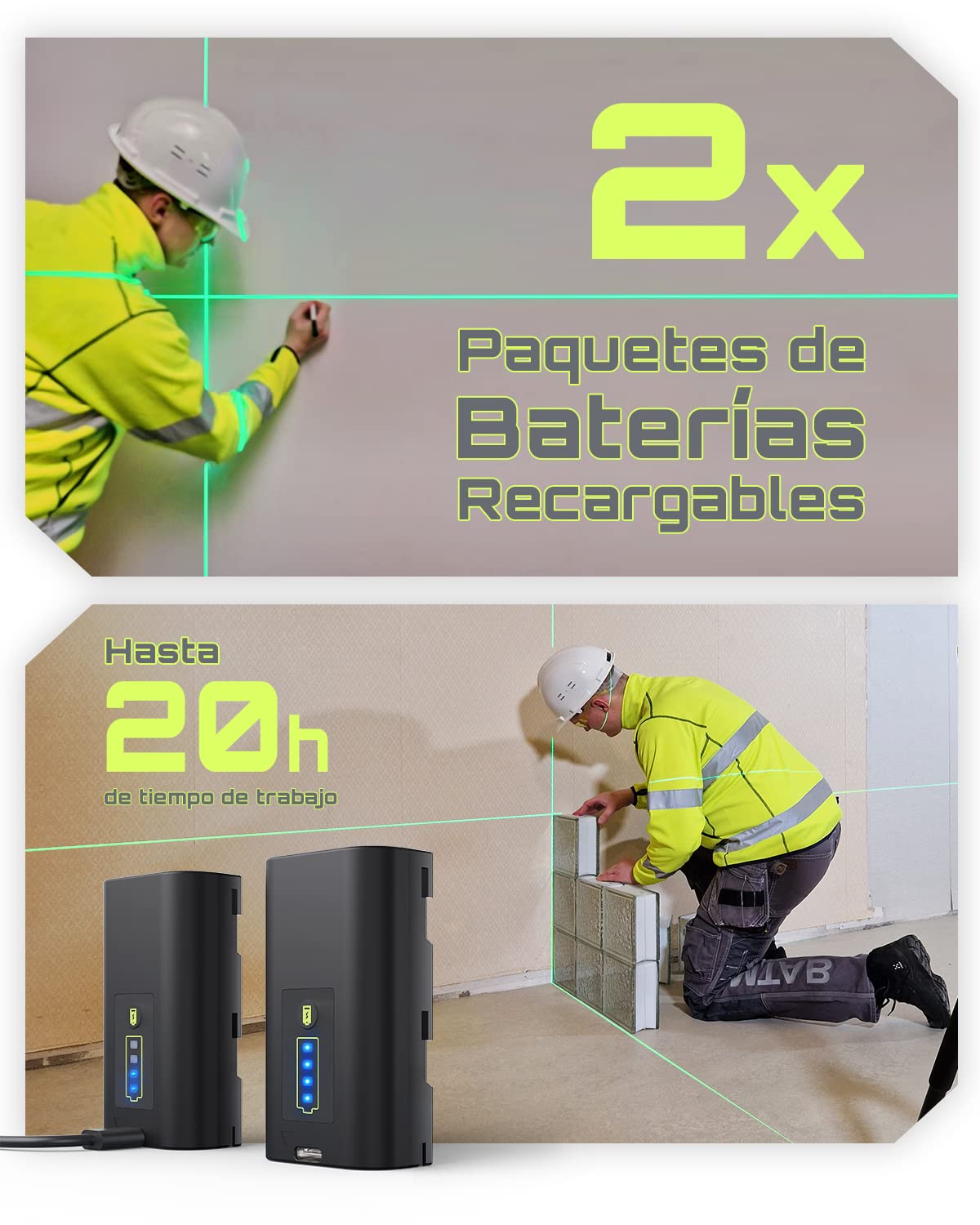 LasGoo Nivel Láser LG-3D Línea Autonivelante 3x360°, 3D con Rayos Verdes de Construcción y Alineación, 2 Baterías Recargables de Iones de Litio, Soporte Giratorio Elevable Magnético, Verde