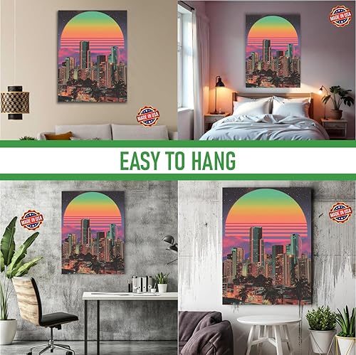Miniatura 4 de Synthwave Skyline Canvas Wall Art Decor by BCB Print  HD Printed & Wooden Framed Wall Art  Modern Wall Decor for Bedroom, Living Room, Office, Kids