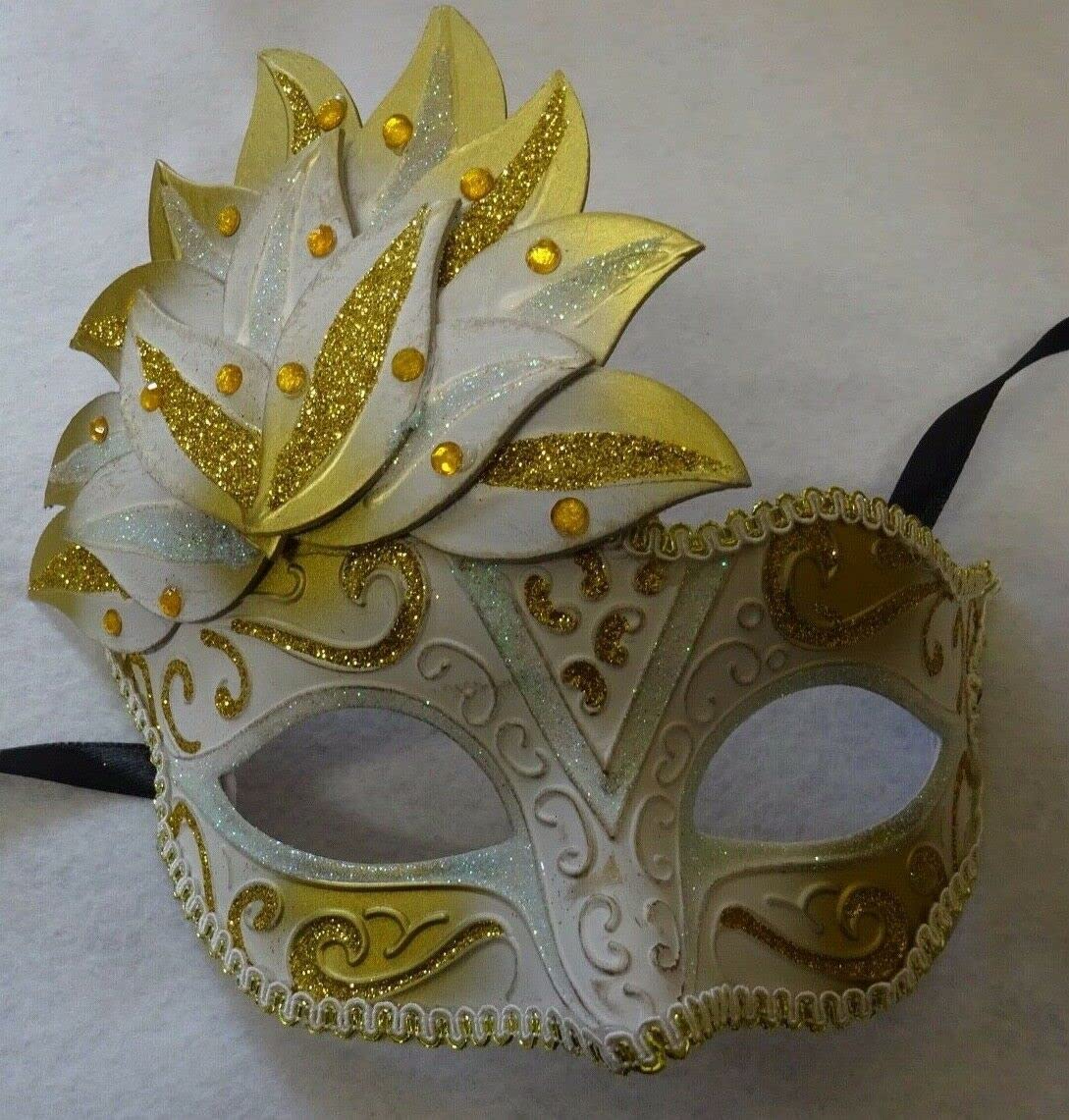 LADIES WHITE & SILVER JEWELLED VENETIAN MASQUERADE CARNIVAL PARTY EYE BALL MASK, White Gold, 17cm Deep - Image 2