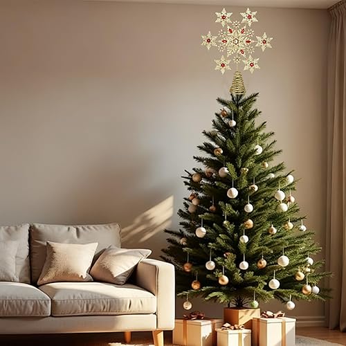 Miniatura 8 de Copo de nieve dorado brillante para árbol de Navidad, copo de nieve de metal brillante 3D para decoración de Navidad, decoración de interiores de