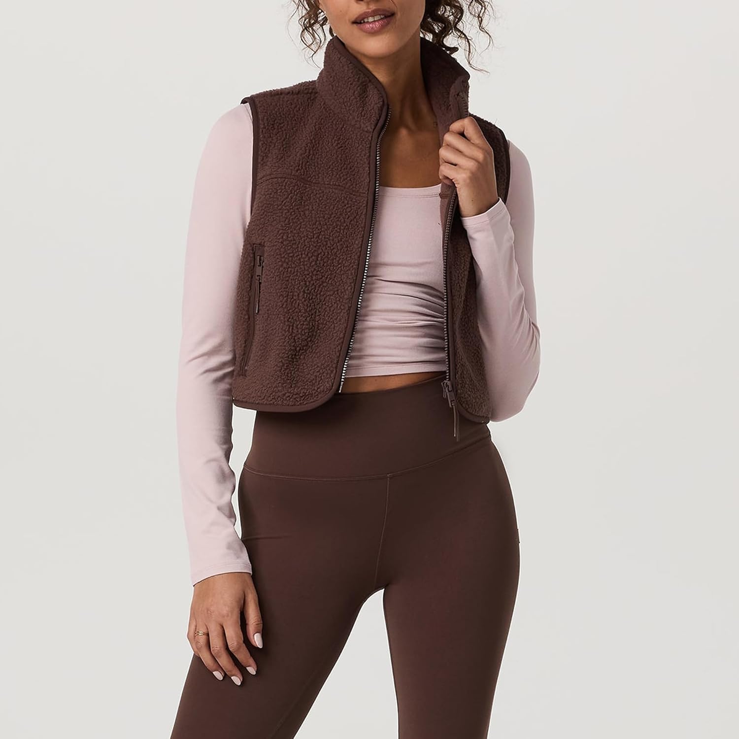 Cropped Fleece Vest Women Zip Up Stand Collar Warm Sherpa Vest Fall Cute Sleeveless Fleece Waistcoat with Pocket - Image 6