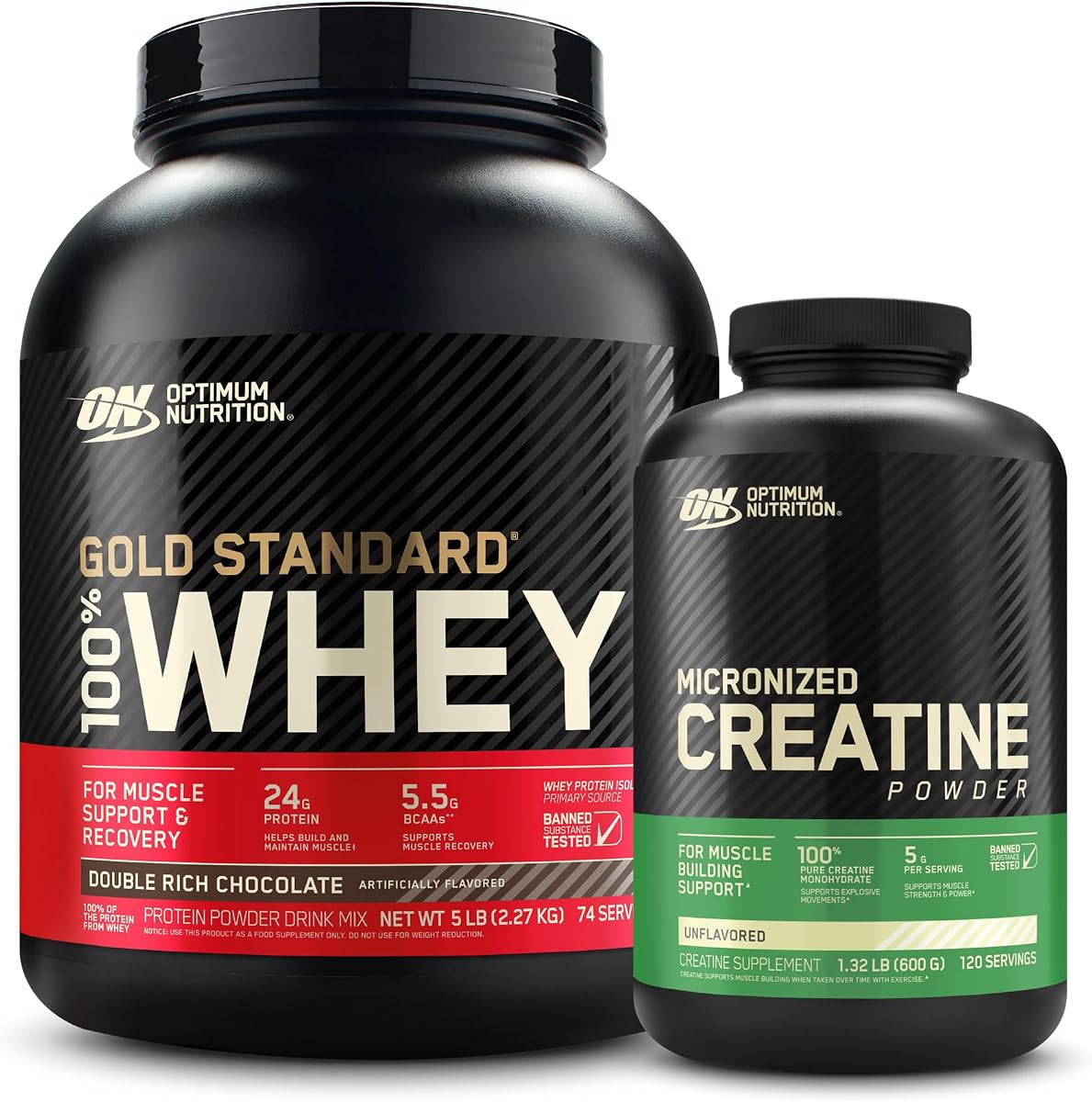 Optimum Nutrition 100% Gold Standard Whey Protein Powder: chocolate doble rico (5 libras) con monohidrato de creatina micronizado en polvo, sin sabor (120 porciones) – Paquete