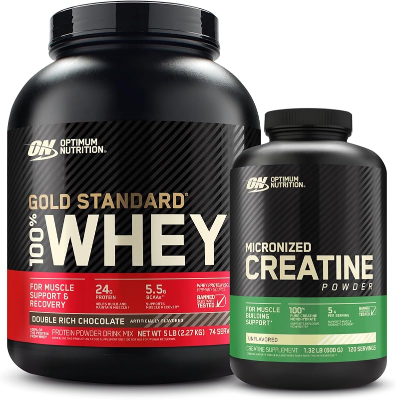 Optimum Nutrition 100% Gold Standard Whey Protein Powder: chocolate doble rico (5 libras) con monohidrato de creatina micronizado en polvo, sin sabor (120 porciones) – Paquete