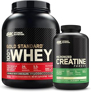 Optimum Nutrition 100% Gold Standard Whey Protein Powder: Double Rich Chocolate (5 Pound) with Micronized Creatine Monohydrate Powder, Unflavored (120 Servings) - Bundle Pack