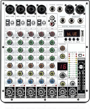 Audio Mixer 6 Channel Mixer, DJ Mixer with USB Interface, Bluetooth Function, 16 DSP Effects