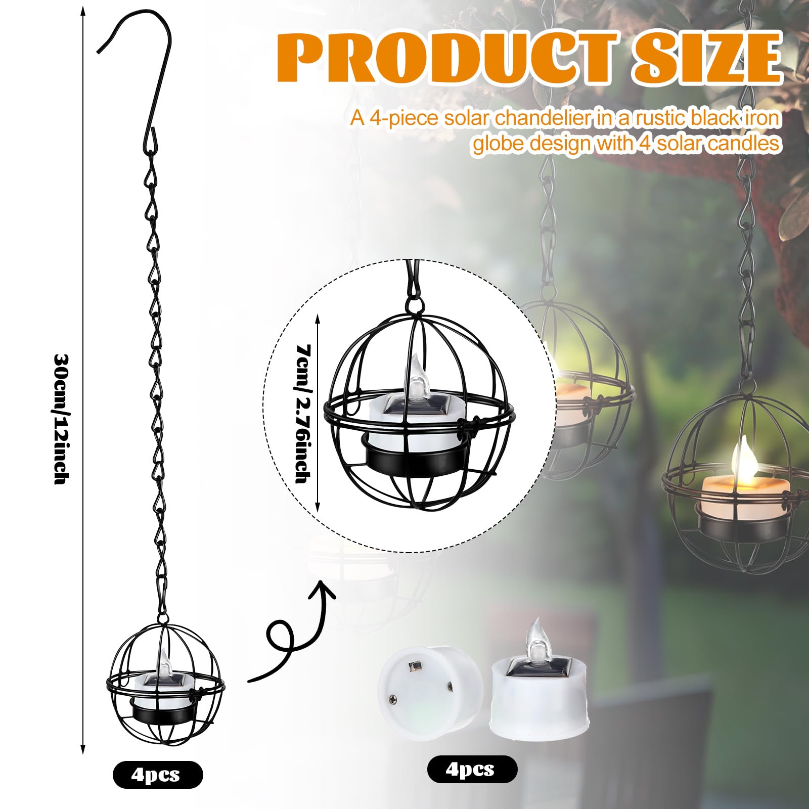 VIHOSE Confezione da 4 lanterne solari da appendere per esterni, portacandele a sfera con luci solari da appendere all'albero, impermeabili, idee per cortile, pergola, albero, recinzione, decorazione