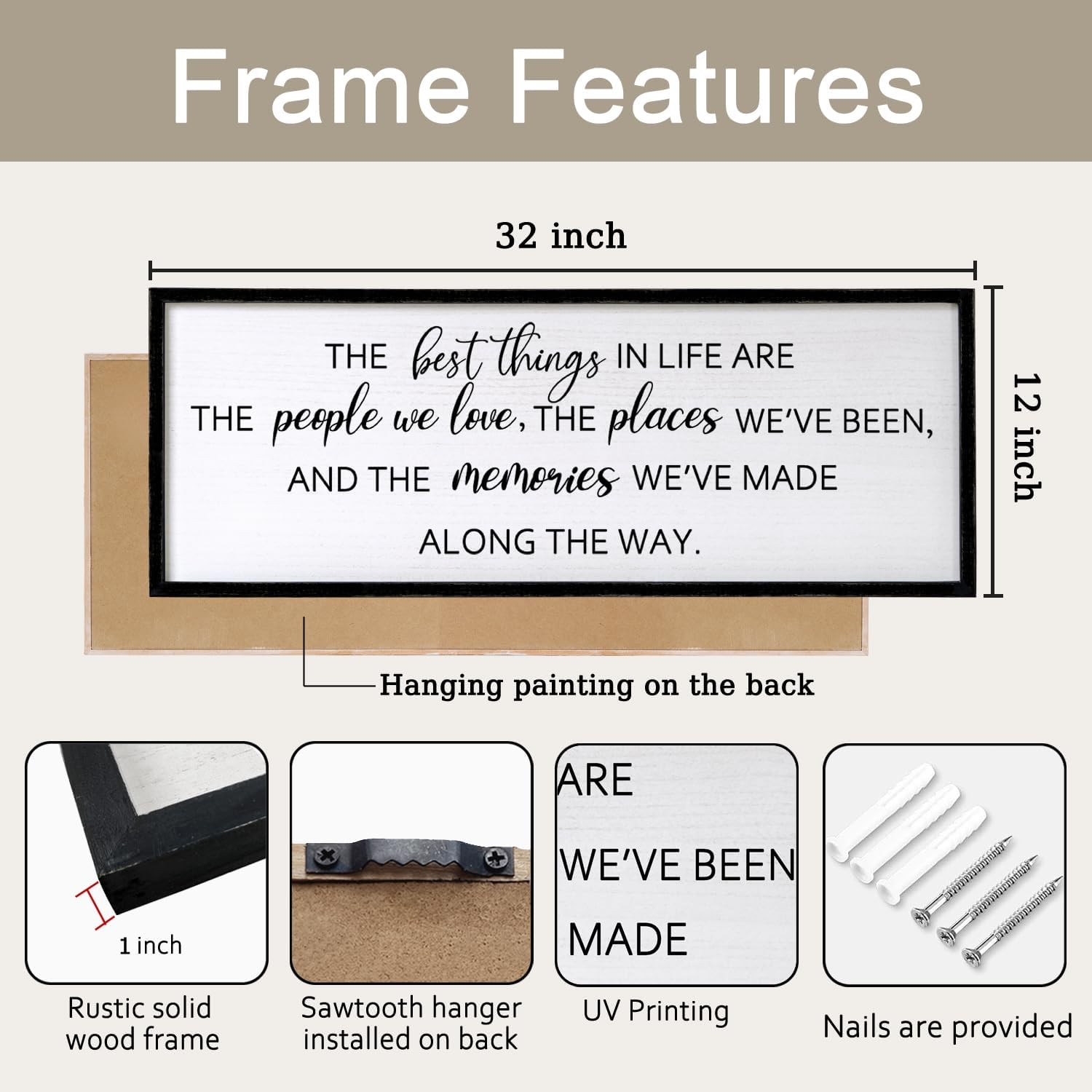 Foutcheou The Best Things in Life Wall Art, 32''×12'' Framed Wood Memories Inspirational Quotes Wall Decor, Large Horizontal Dining Room Wall Signs for Home Family Farmhouse