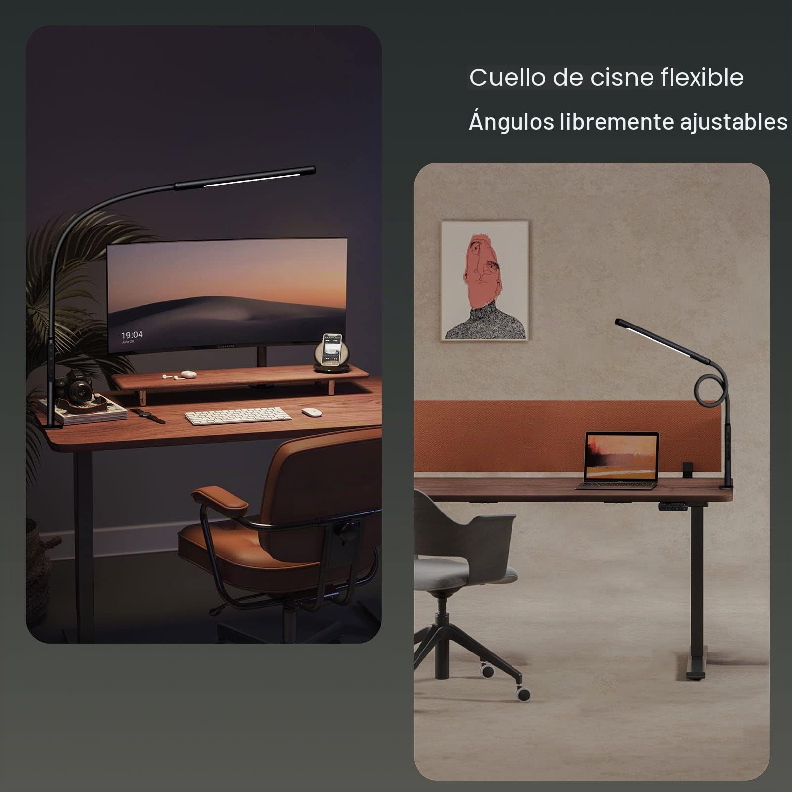 EYOCEAN Lámpara de escritorio LED, cuello de cisne flexible Lámpara de escritorio con pinza, brillo y temperatura de color ajustables, control táctil, lámpara de mesa con mando a distancia, 12W