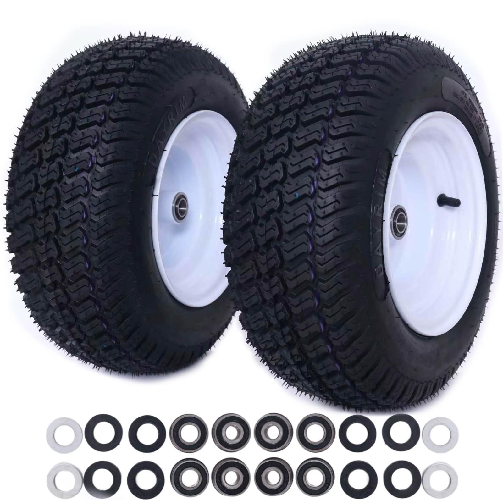 Dayrim 2 neumáticos para cortacésped de 16 x 6.50-8 con borde blanco, 4 capas sin cámara, cubo de desplazamiento de 3 pulgadas, rodamiento de orificio de 3/4 pulgadas, montaje de ruedas y neumáticos