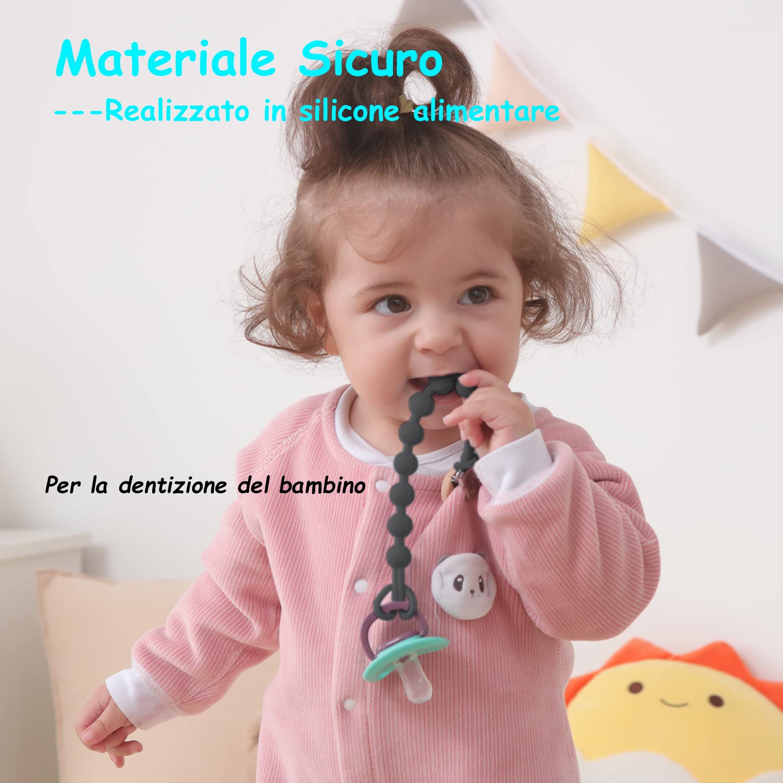 Catenella Portaciuccio in Silicone, Seposeve Confezione da 2 Catenella Ciuccio Clips, Morbide Clip Portaciuccio per Bambini e Bambine, Morbido Flessibile, Durevole - Alta Tenacità, 2 Nero