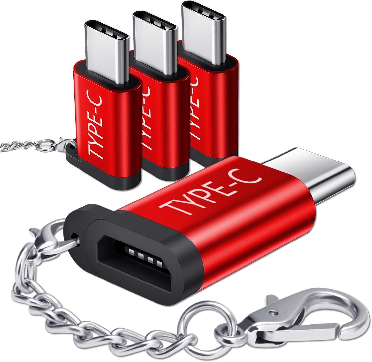 Adaptador JSAUX Micro USB a USB C (4Pack) Adaptador USB C Macho a Micro USB Hembra Duradero AVCE Cadena antipérdida Compatible para Samsung S10 S9 S8 Note10 / 9/8, Huawei P9 / P20-Rojo