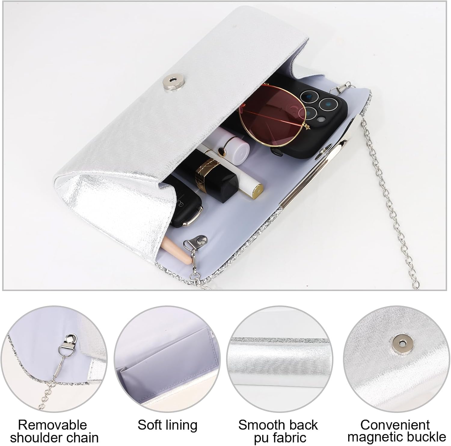 Wecoe 5pcs/set Jewelry Purse Set For Women Handbags Clutch Rhinestone Diamond Necklaces Bracelets Earrings Ring Set Wedding Bridal Prom Homecoming Costume Jewelry Formal Evening Bag Accessories