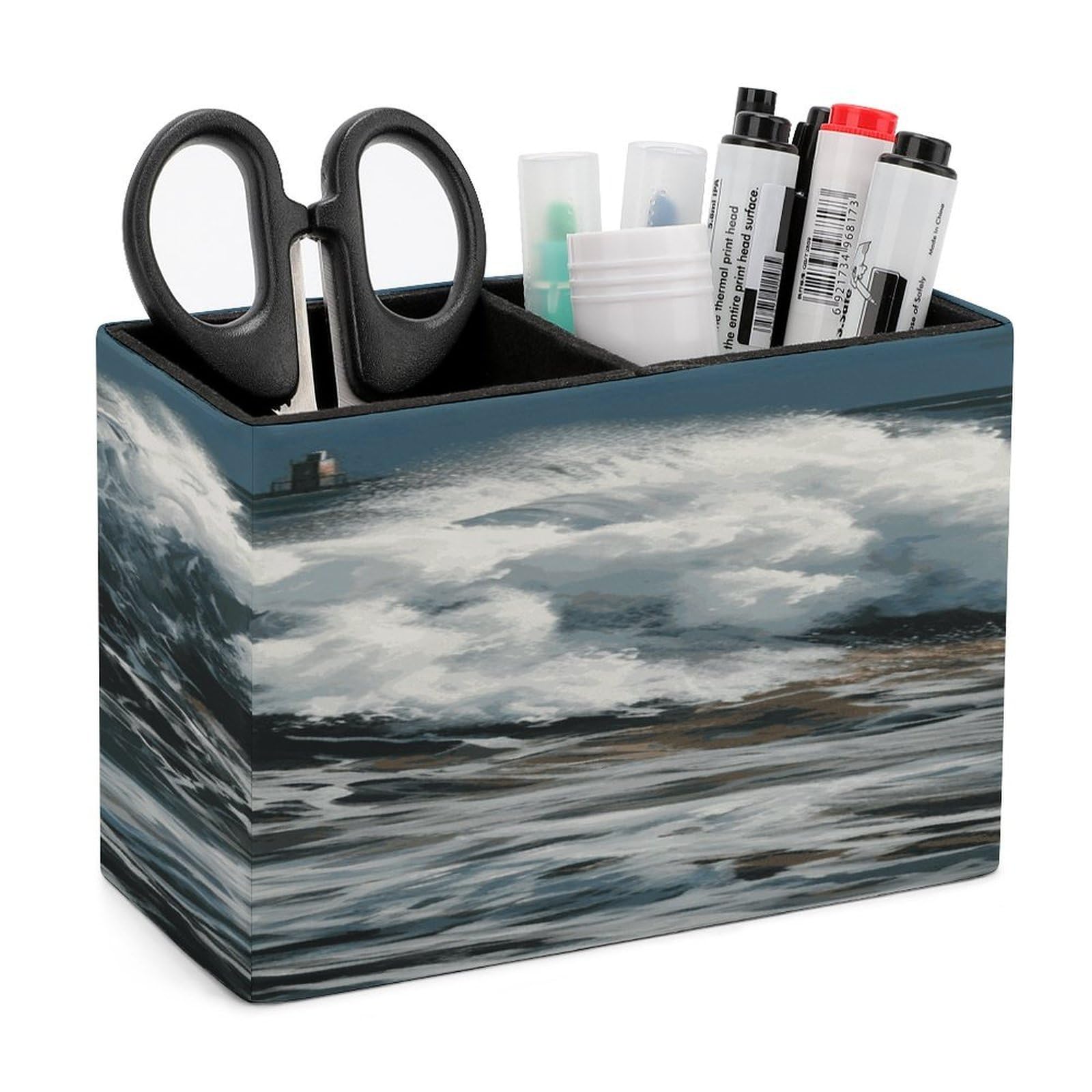 LDGSUPH The Sea Waves Leather Pen Holder for Desk Organizer Caddy Large Pencil Cup Multi-function Pencil Holder Makeup Brush Holders Pen Organizer for Home Office Storage Box