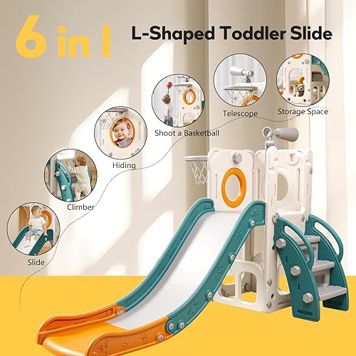 Miniatura 2 de 6 in 1 Toddler Playset with Slide,Toddler Slide,Slide for Kids with Basketball Hoop,Ball,Ring Toss,Kids Slide Toddler Playground Toddler Slide
