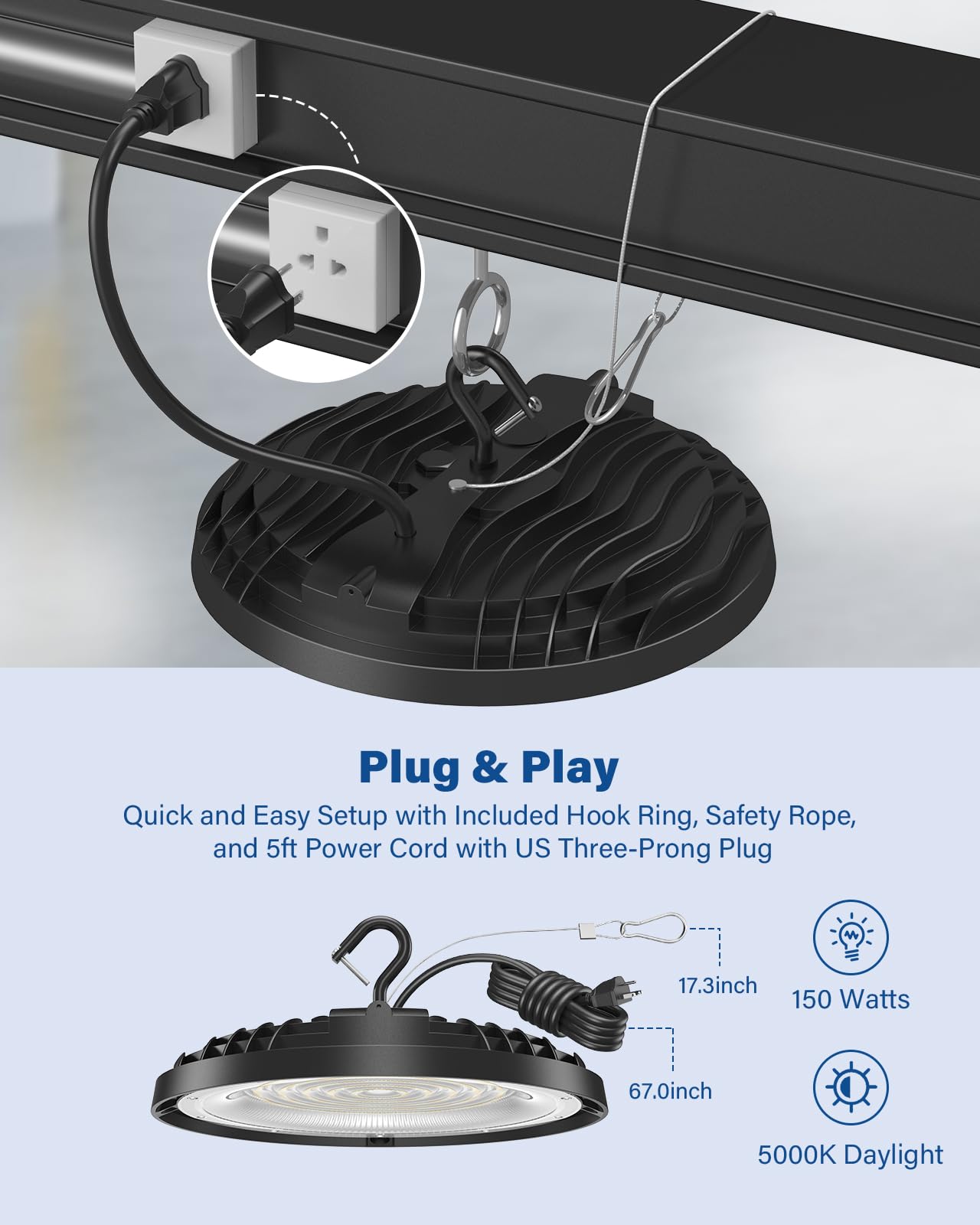 150W UFO LED High Bay Light 21 000LM LED Shop Lights Fixture 5000K Replace 600W Halogen 120VAC Plug — view 6