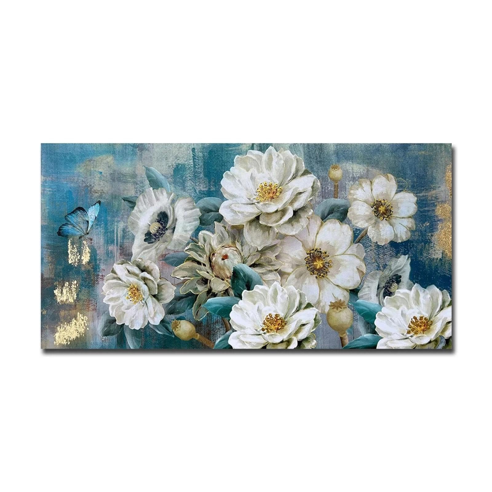 CHAOJIART Flowers Canvas Wall Art White Elegant Picture Gold Foil Rustic Painting Colorful Turquoise Floral Teal Artwork Room Decor 40x80cm Frameless