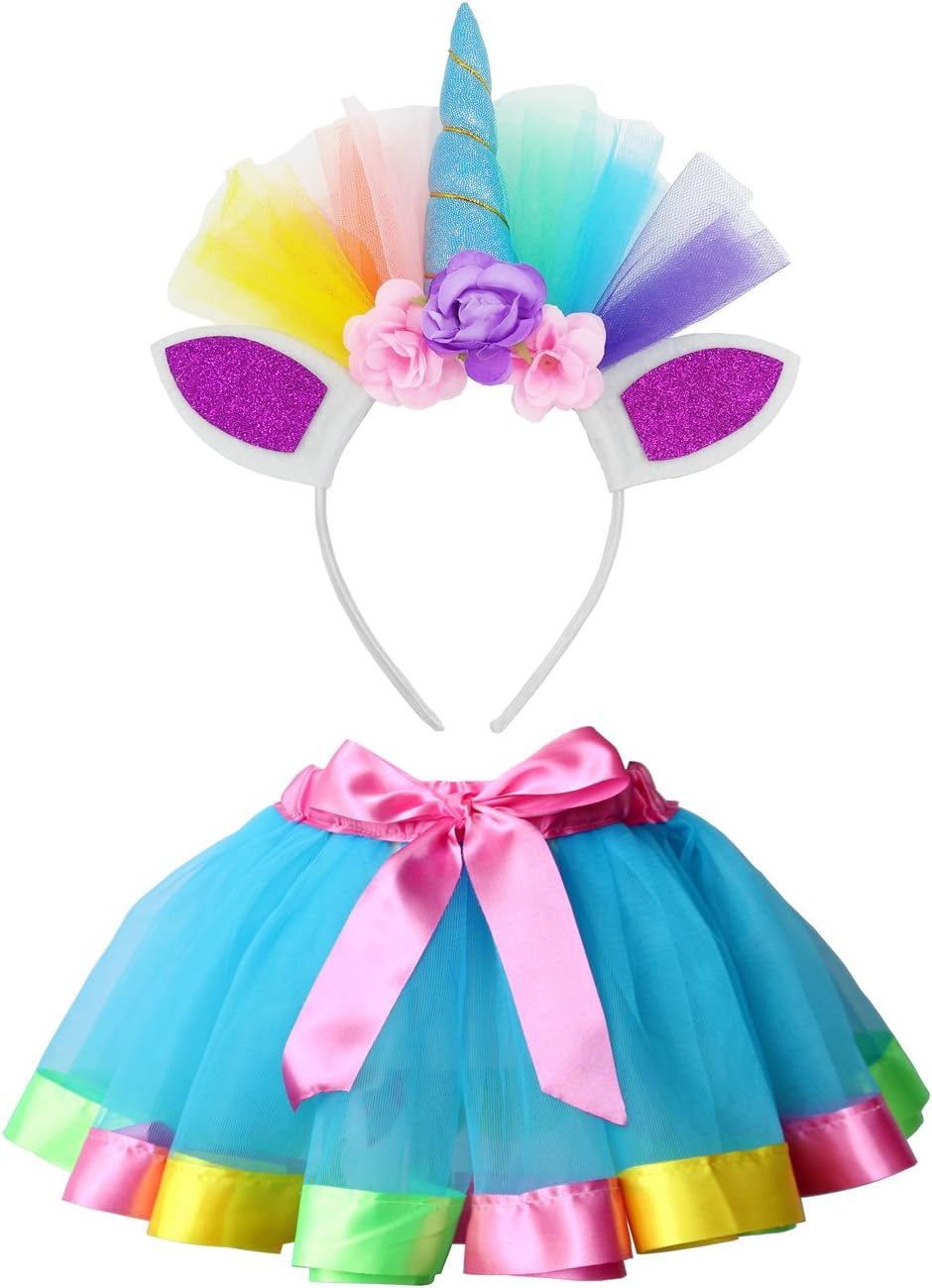 LYLKDLittle Girls Layered Rainbow Tutu Skirts with Unicorn Horn Headband