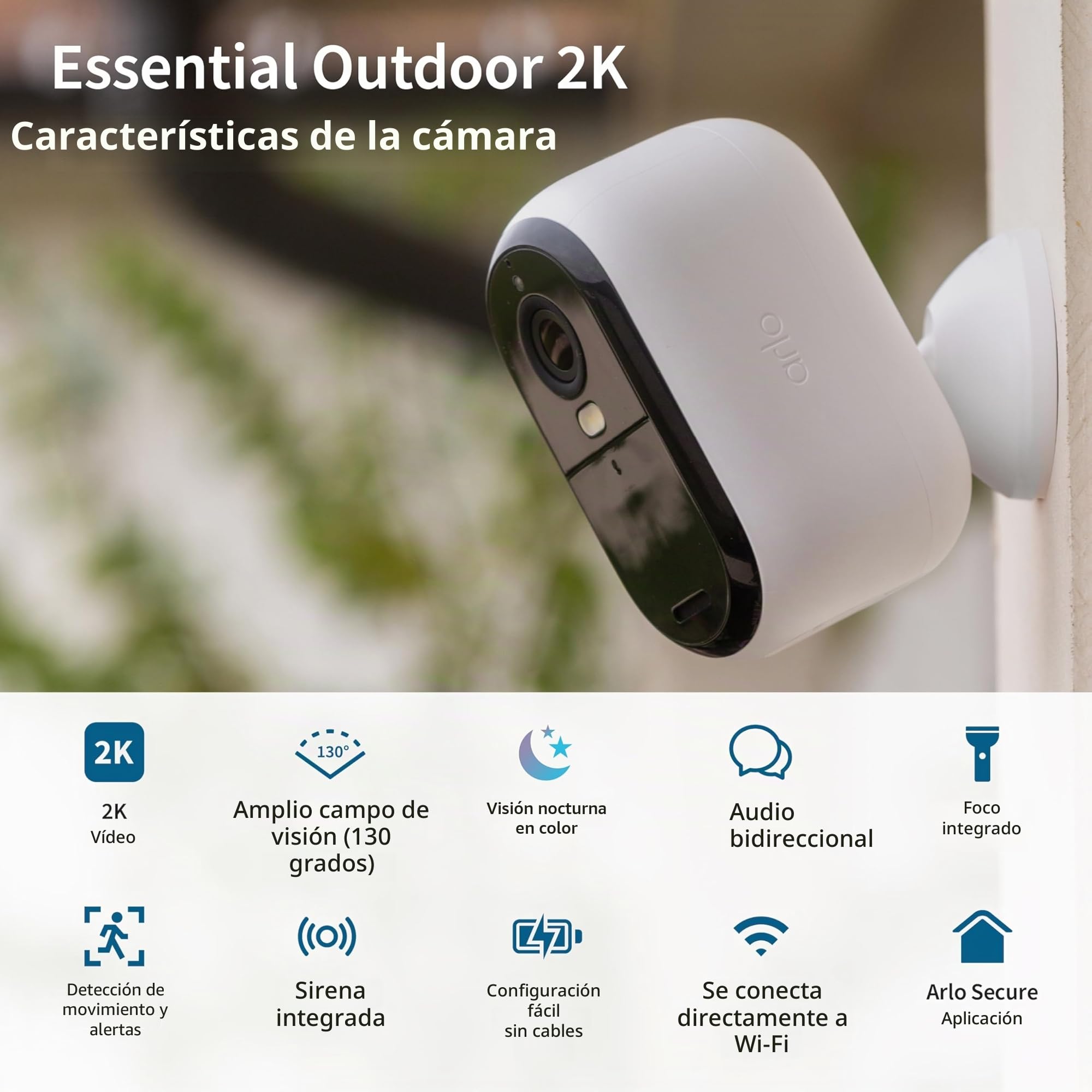 Cámaras de seguridad Arlo Essential inalámbricas para exteriores 2K (2ª generación, lanzamiento 2023) - Alimentación por batería, reconocimiento de personas, detección de paquetes, vista previa