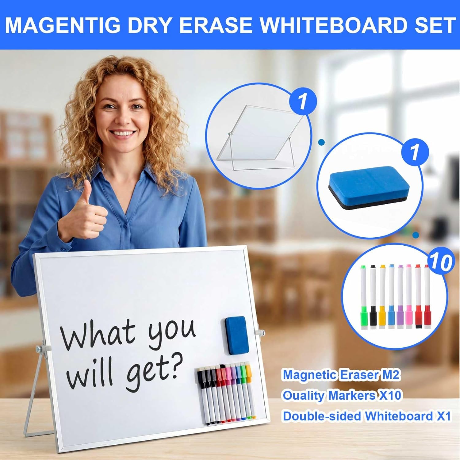 Lincia Sturdy Portable Dry Erase White Board, Magnetic Double Sided with Stand, 10 Markers 1 Eraser 4 Magnetic Buckles, for Memo to Do List (Suitable for People Aged 14 and Above)(White,16x20inch)