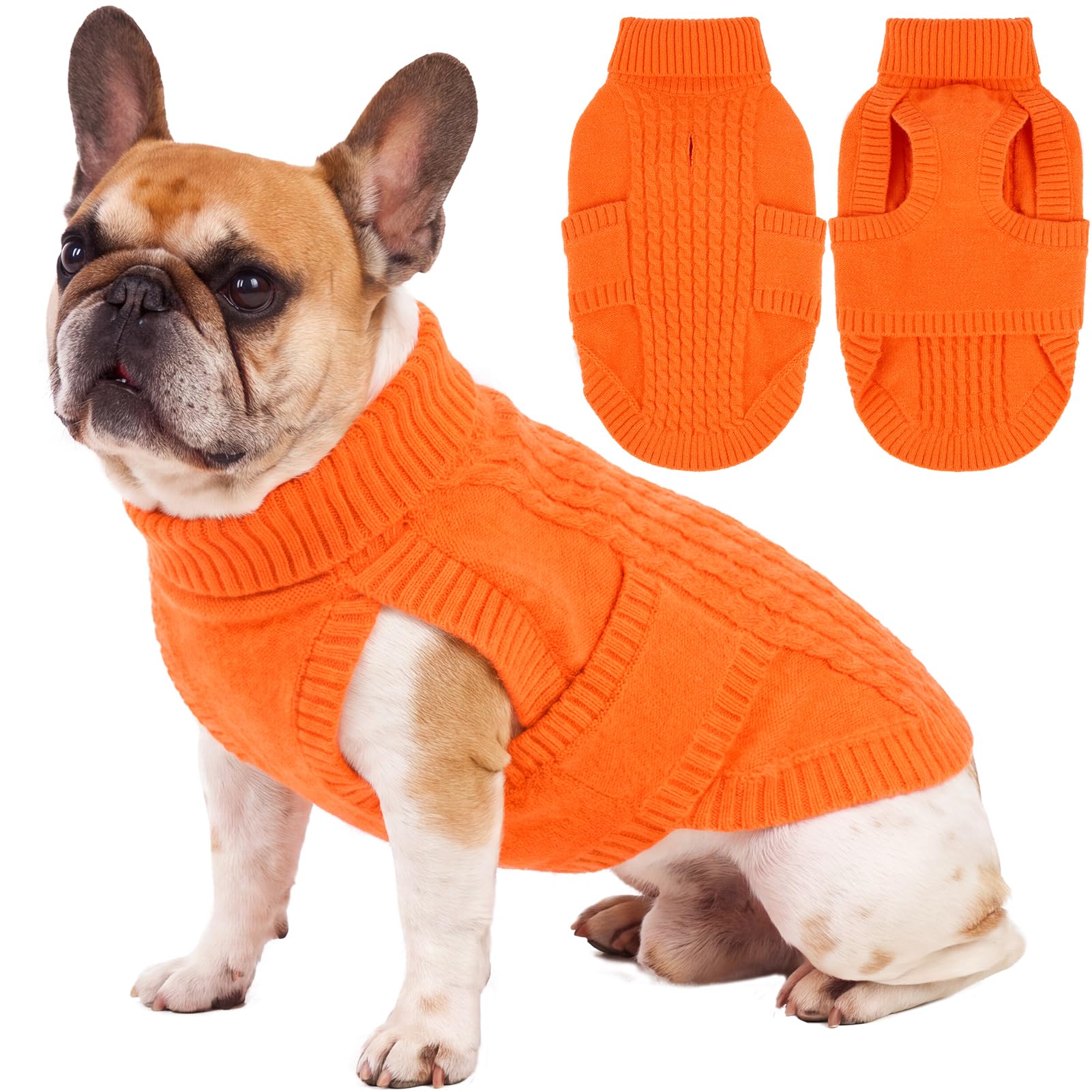 Hjumarayan Dog Jumper for French Bulldog | Cable Knit Dog Sweater with Roll Neck | Stretchy Winter Clothes | Sleeveless Knitwear with Harness Hole | Beagle, Cockapoo (Orange L)