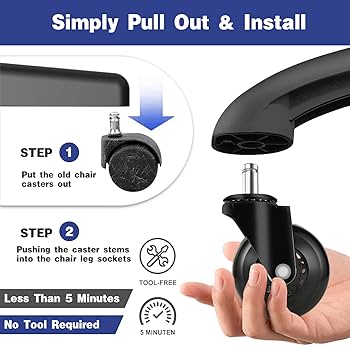 Rotelle Per Sedia Da Ufficio BARAKYEG - Set Da 5, Gommate, Silenziose, Per Parquet E Pavimenti Duri, Nero - Foto 7