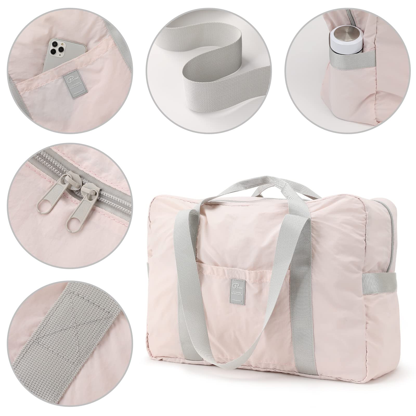 VanFn Borsone da viaggio pieghevole, borsone sportivo da palestra, borsa da palestra in nylon impermeabile, borsone leggero per donne e uomini, borsa da weekend all'aperto, serie P.Travel, Rosa chiaro