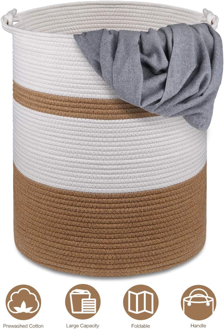 YouJia Extra Large Cotton Rope Basket 18"x16", Woven Baskets for Storing Blankets, Towels, Toys, Diapers, Books, Yoga mats, Coiled Round White - Brown Laundry Hamper with Handles