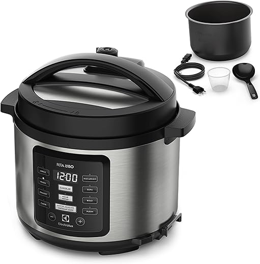 Panela pressão elétrica Electrolux digital capacidade 5L silenciosa segura 10 travas segurança 9 receitas pré-programadas PCC15 inox preto 127v por Rita Lobo