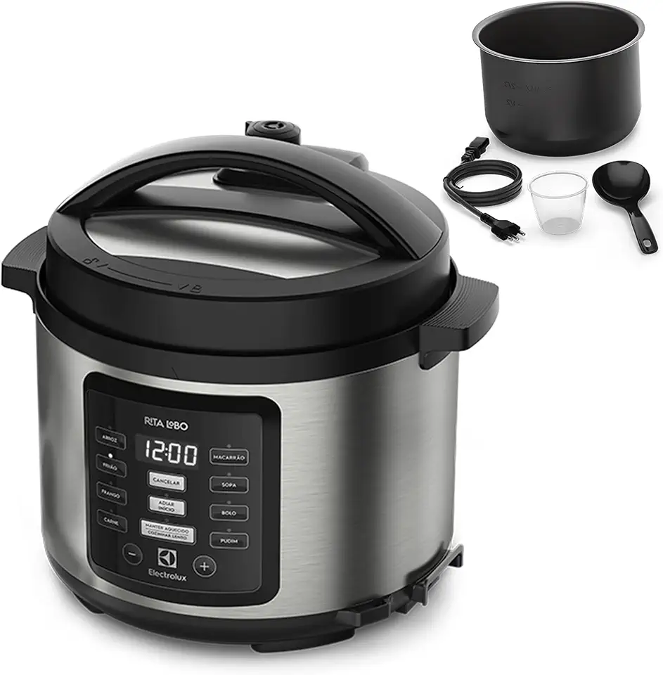 Panela pressão elétrica Electrolux digital capacidade 5L silenciosa segura 10 travas segurança 9 receitas pré-programadas PCC15 inox preto 127v por Rita Lobo