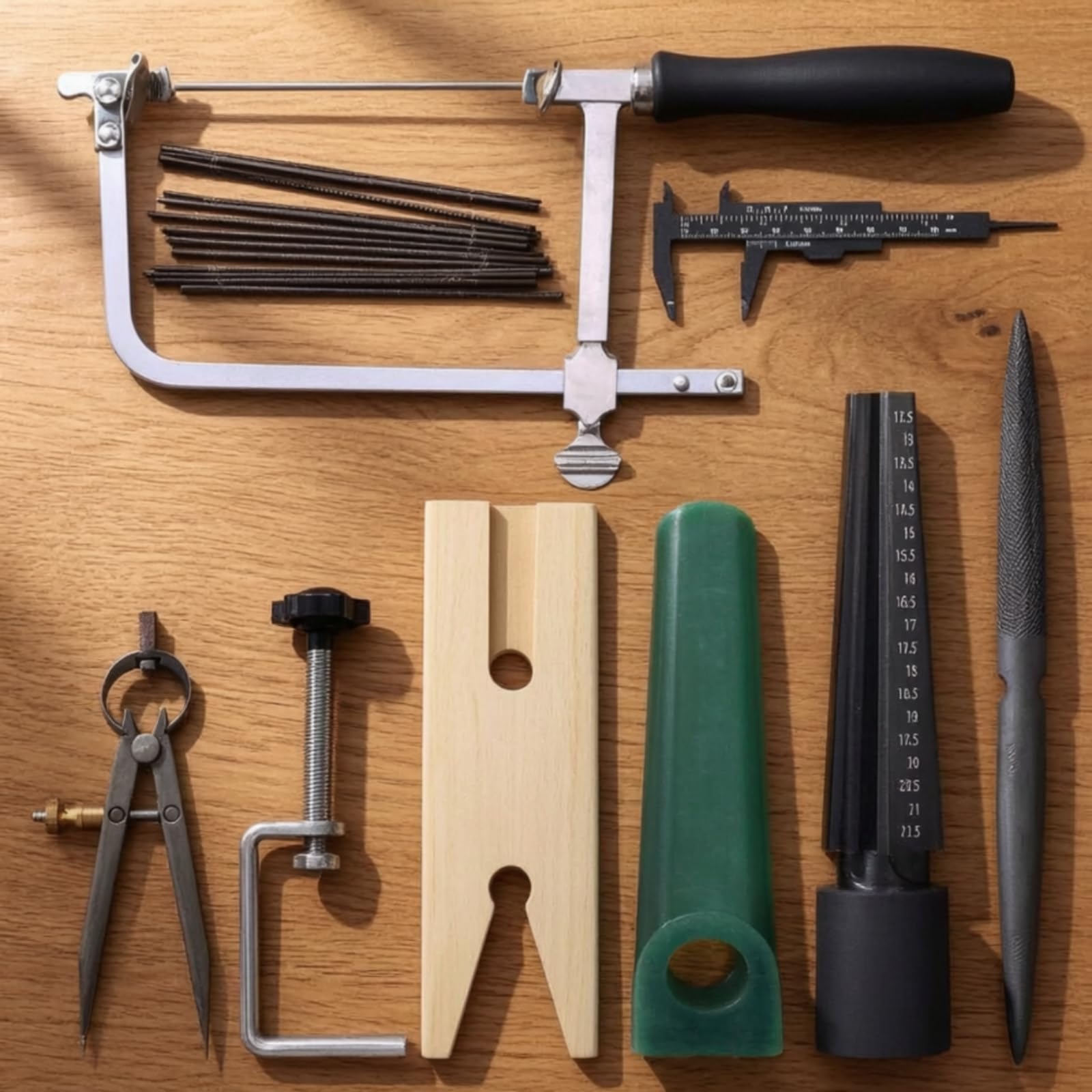 Crafting Equipment Set per Lavorazione Anelli con Archetto Seghetto Robusto Misuratore Circolare Asta Verde Calibro Metallo Morsetto Fascia Blocco