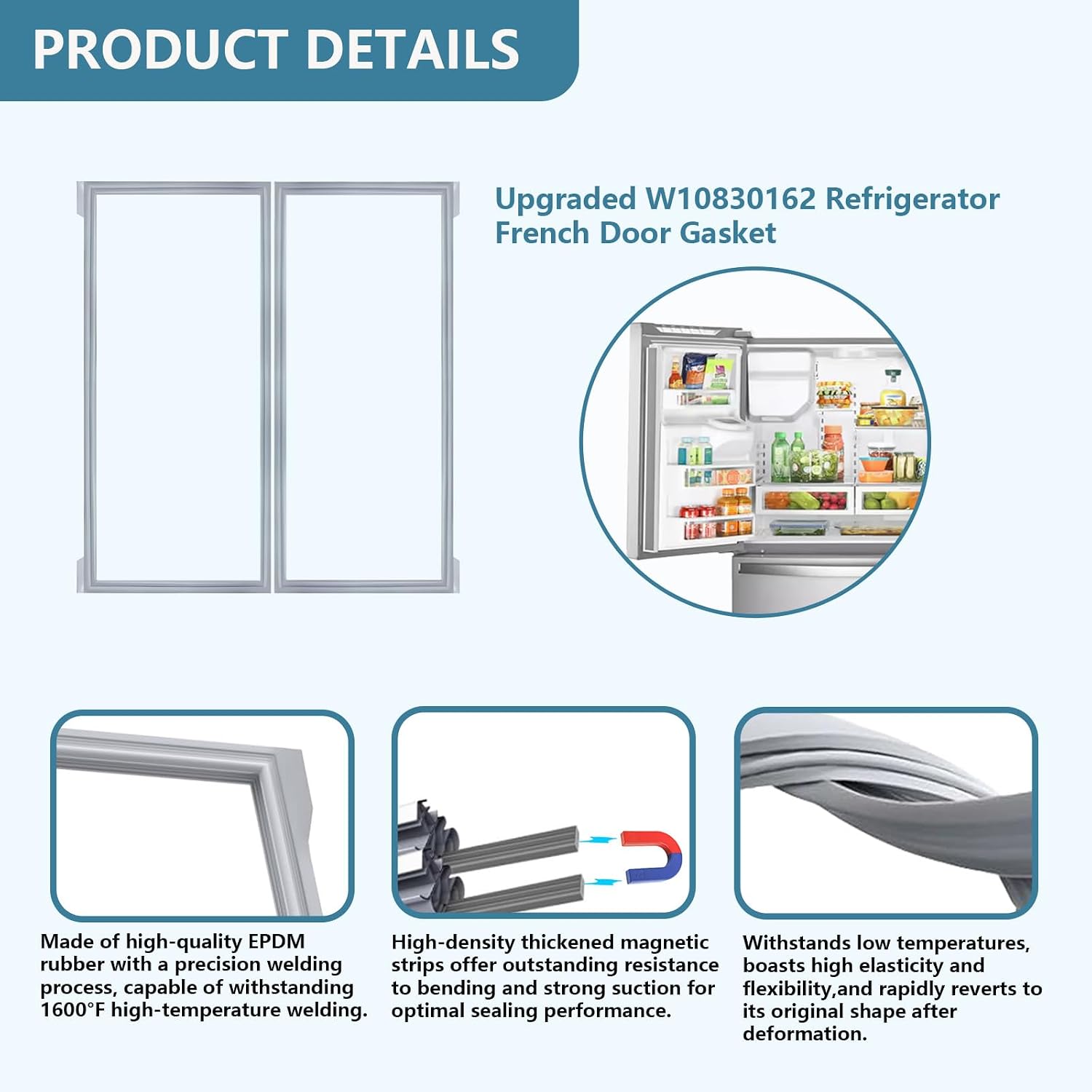 W10830162 Refrigerator Door Gasket Replacement for Whirlpool Kenmore KitchenAid 39.7"x16.9" Refrigerator Door Seal fit Model WRF535SMBM00 KBFS20EVMS13 IX6HHEXDSM00 Replaces 12723206AP 2 Pack
