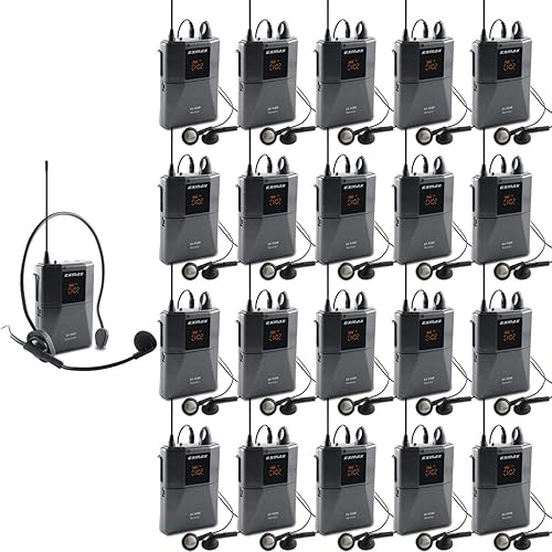EXMAX UHF-938 UHF Acoustic Transmission Wireless Headset Microphone Audio Tour Guide System for Church Translation Teaching Travel Simultaneous Interpretation Tour (1 Transmitter and 20 Receivers)