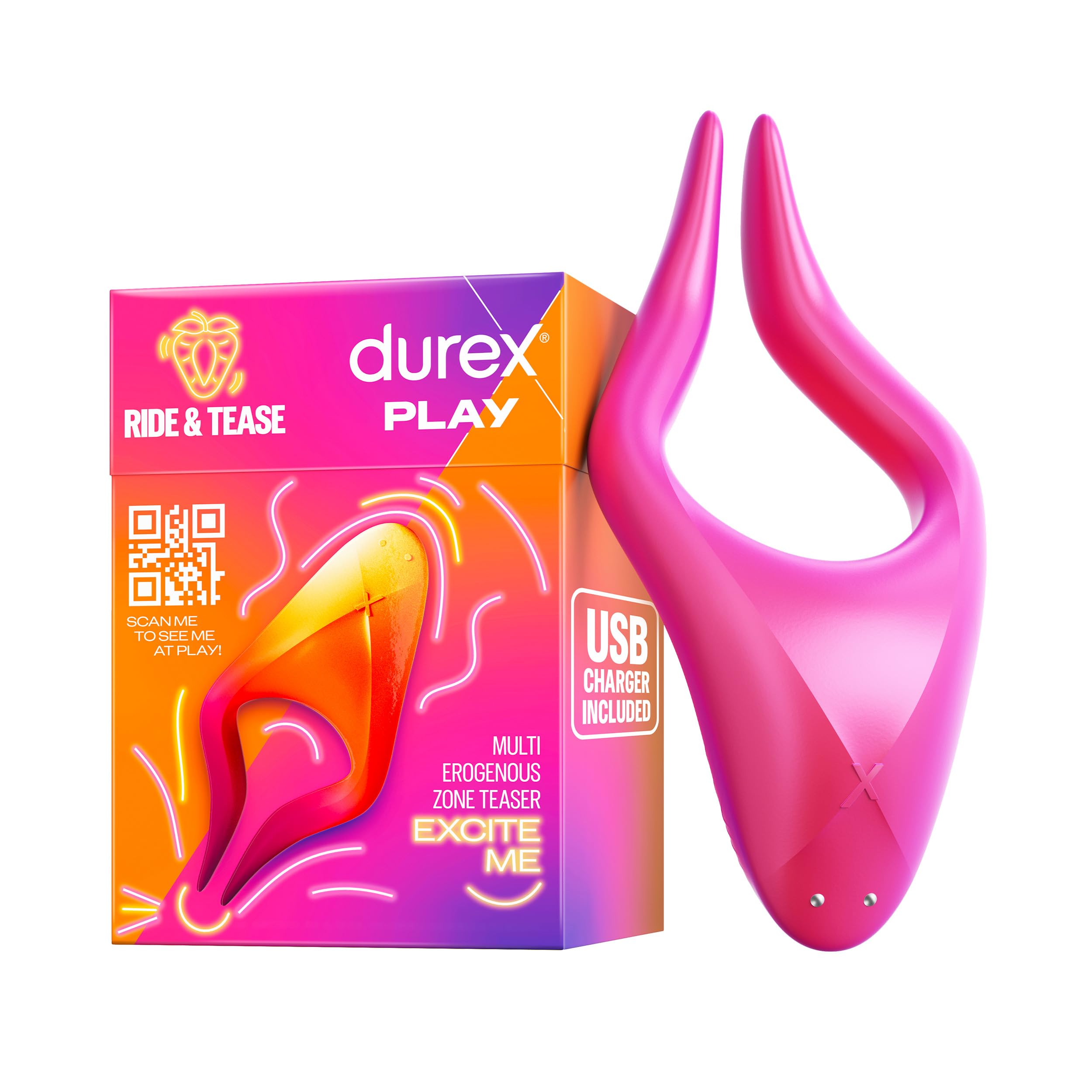 Durex Vibrador Estimulador Multi Uso RIDE & TEASE, juguete sexual para mujer, hombre y pareja, 7 modos de vibración y resistente al agua