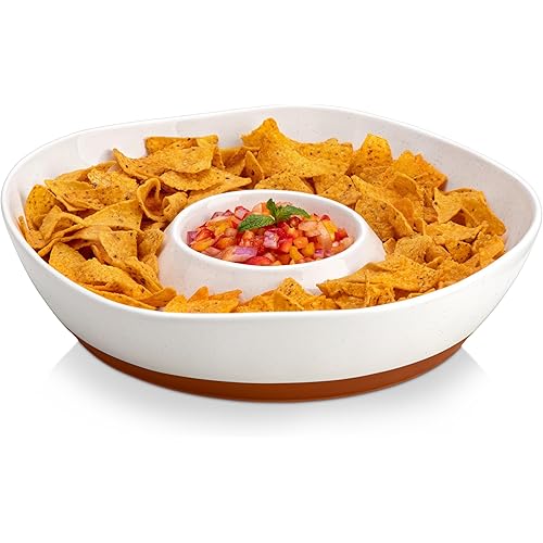 MALACASA Ceramic Chips and Dip Serving Tray, 12 Inch Large Divided Bowls Set for Salsa, Veggies & Dip, Appetizers, Snacks, Free-Form Serving Dish Platter for Parties Hosting & Entertaining, White