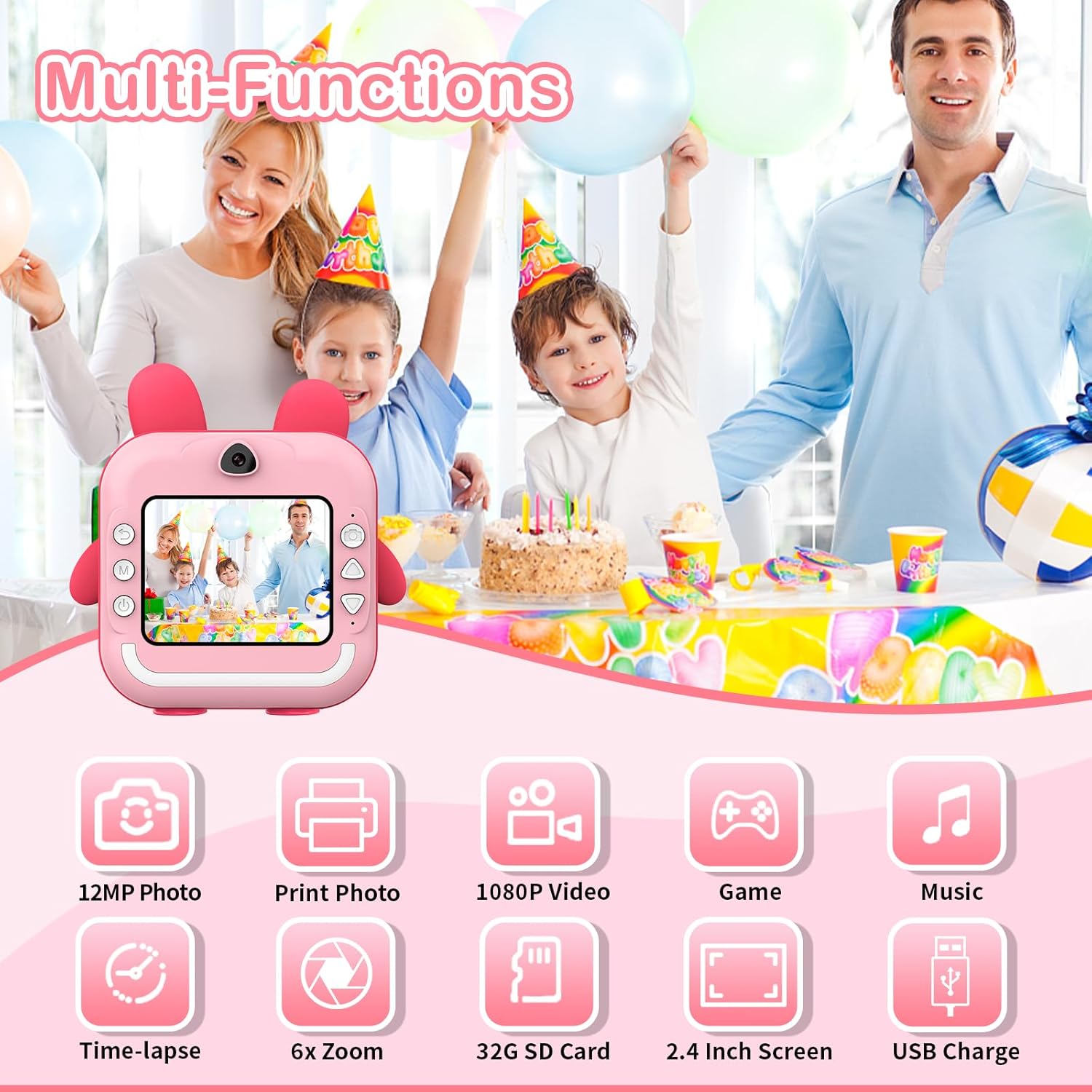 Front view of TOYOGO Instant Print Kids Camera with labels for buttons and features