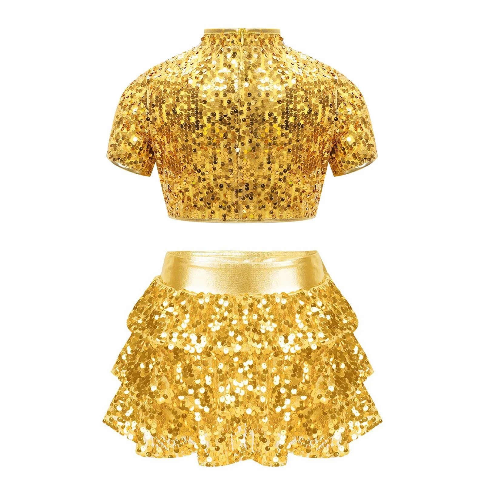 Traje de actuación de Danza de Ballet Jazz for niñas, porristas, Top Corto de Lentejuelas con Falda y Pantalones Cortos con Volantes escalonados.(Purple,16)