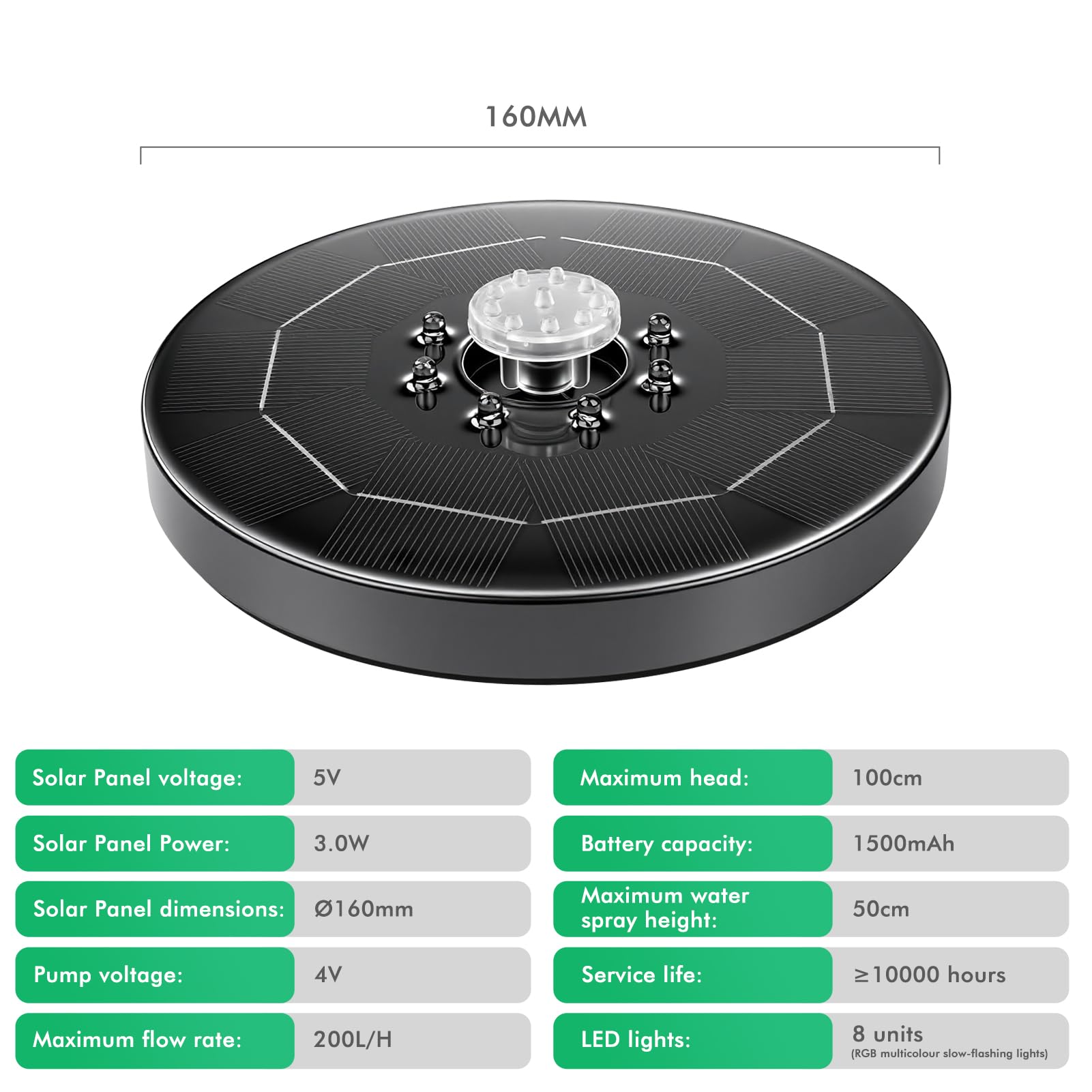 Fontaine solaire pour extérieur, pompe de bassin solaire 3 W, pompe solaire flottante avec LED et 8 buses transparentes, pour jardin, étang, bain d'oiseaux