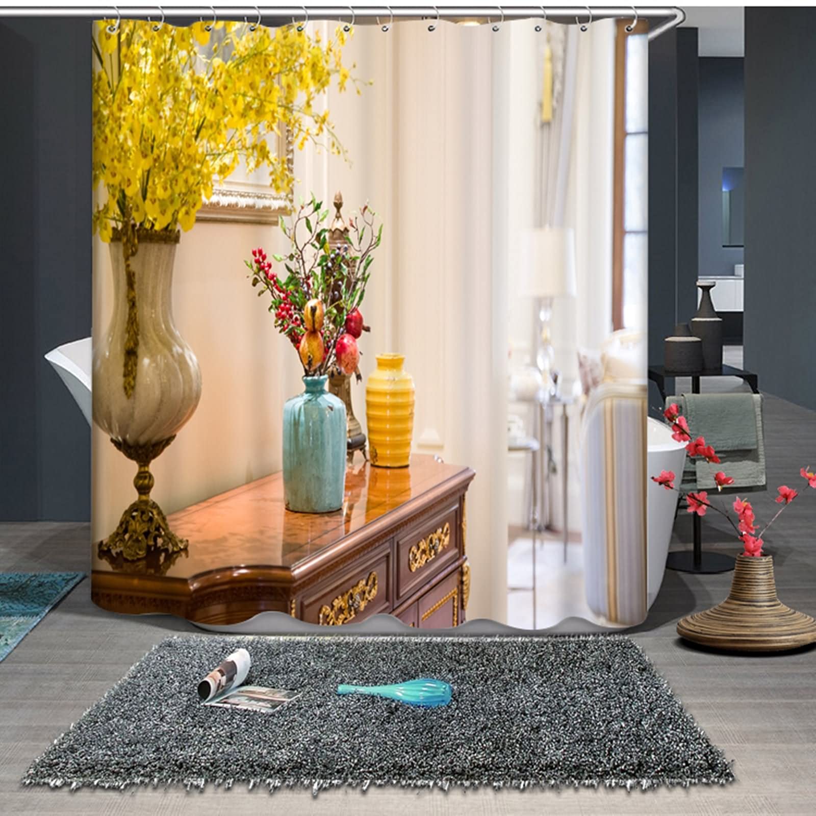 Rideau de douche haut de gamme bleu marron doré chic 120x180 cm