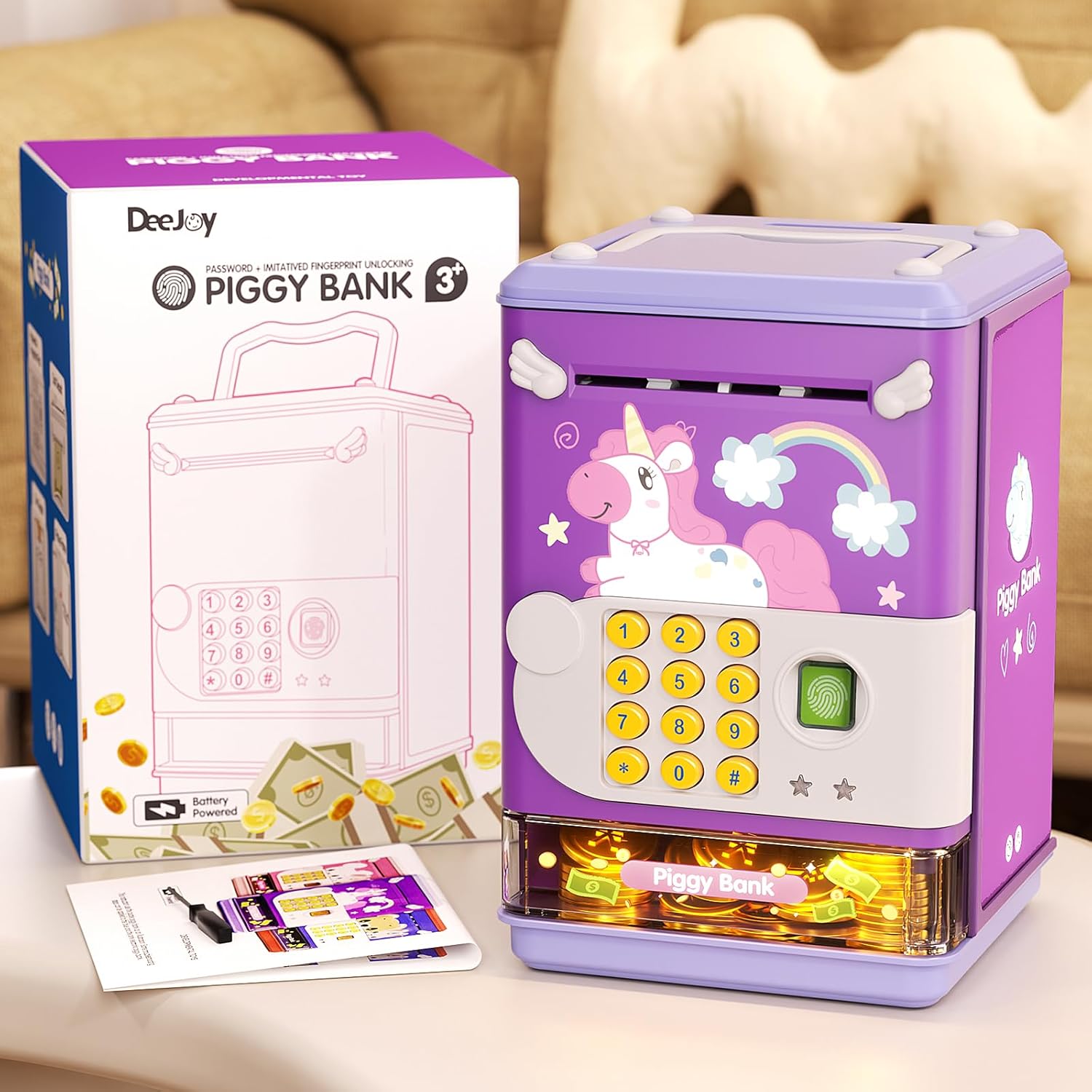 Piggy Bank Toy Electronic Mini ATM Savings Machine with Personal Password & Fingerprint Unlocking Simulation - Music Box with Songs for Kids, Boys and Girls Age 3-8 Years (Purple)