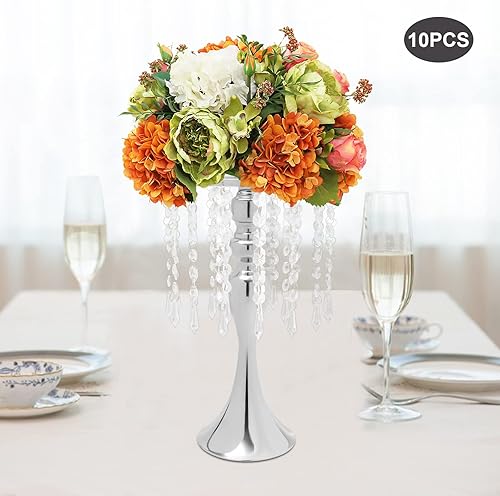 Miniatura 8 de Soporte de flores de cristal plateado, centros de mesa de boda para mesas, 10 piezas de plomo de carretera, jarrón de metal para mesas de recepción,
